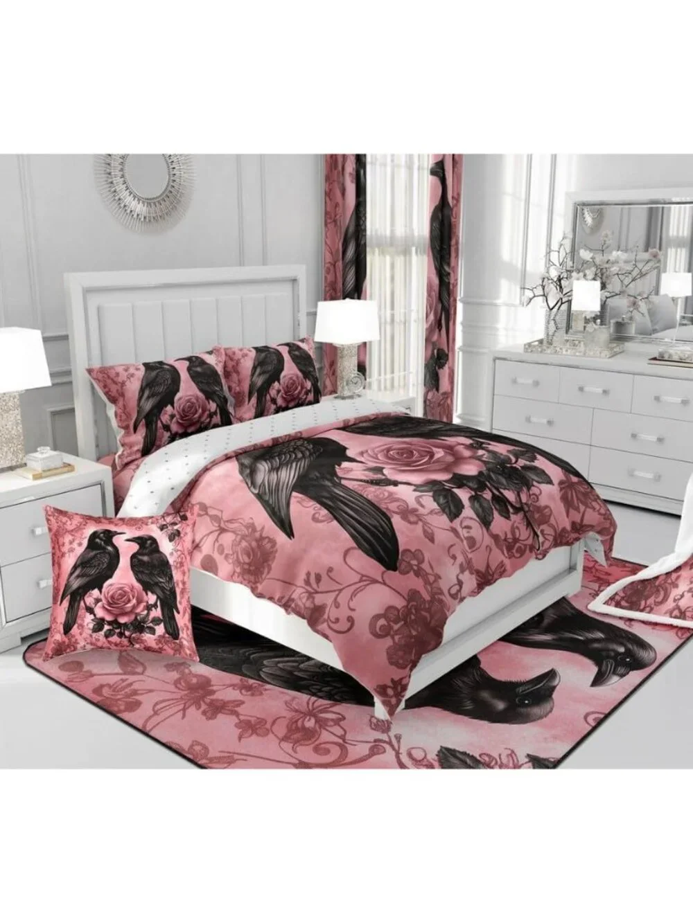 Crow Flowers Kids Comforter Queen,Vintage Country Wild Roses Bedding Set for Tee